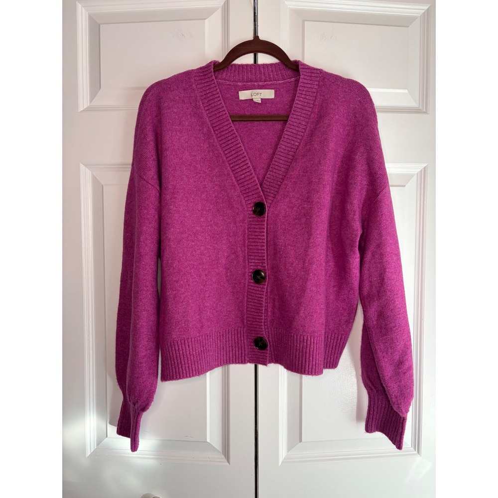 LOFT Women's Magenta Pink V-Neck Button Front Cardigan Sweater Wool Blend Medium